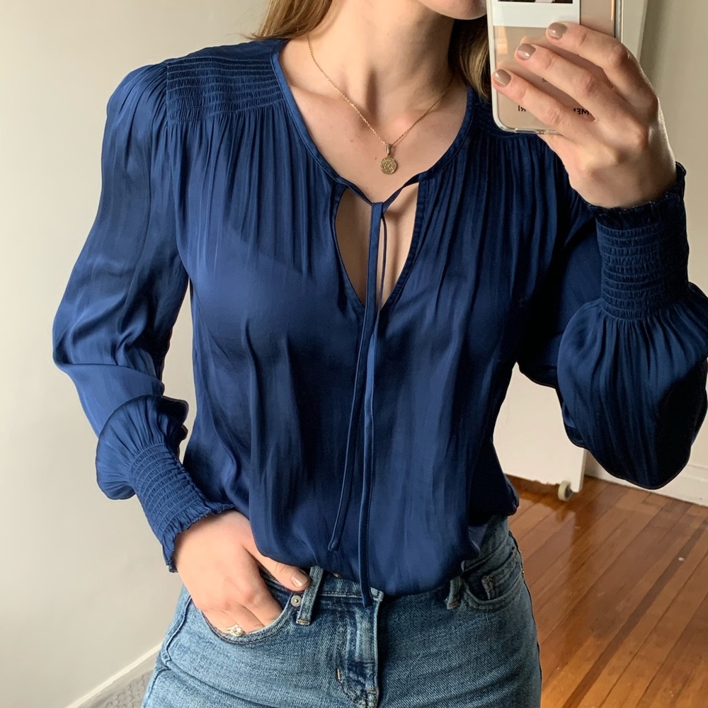 Satin Smocked Tie-Neck Blouse in Indigo Fog Blue
